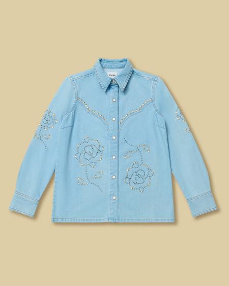 Wrangler® x Yellow Rose by Kendra Scott Denim Studded Western Shacket in Prairie Wash