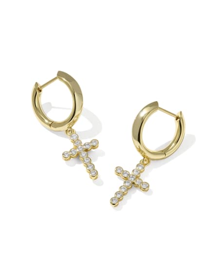 Cross Gold Crystal Huggie Earrings
