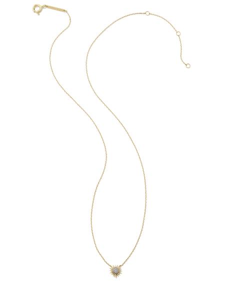 Tiny Sunburst 14k Yellow Gold Pendant Necklace in White Diamond
