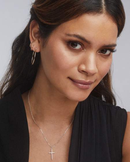 Medium Cross 14k White Gold Pendant Necklace in White Diamond