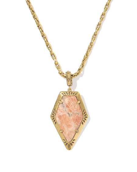 Tessa Vintage Gold Etch Frame Large Long Pendant Necklace