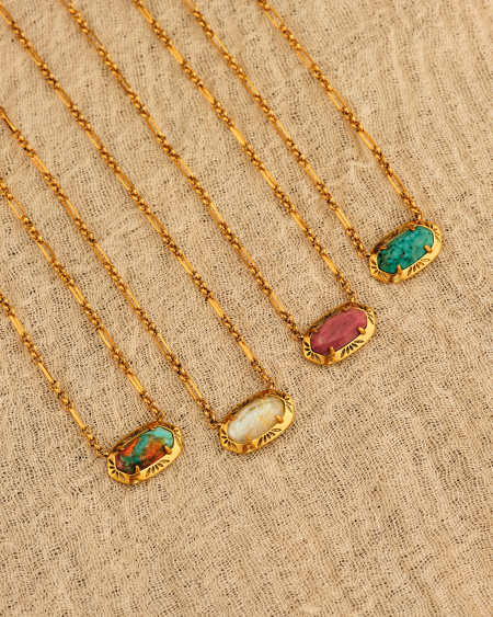 Elisa Vintage Gold Etch Frame Short Pendant Necklace in Blush Pink Quartzite