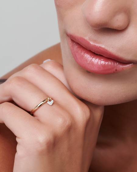 Pave Heart Padlock 14k Yellow Gold Band Ring in White Diamond
