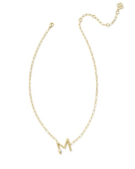 Pearl Gold Letter M Short Pendant Necklace in White Pearl