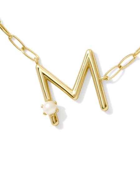 Pearl Gold Letter M Short Pendant Necklace in White Pearl