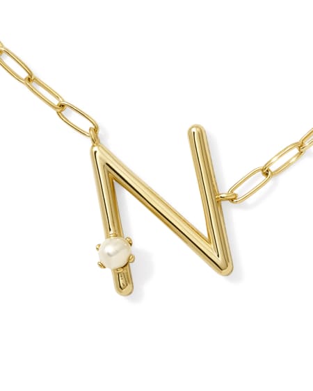 Pearl Gold Letter N Short Pendant Necklace in Freshwater Cultured Pearl
