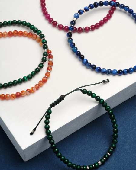 Otto Oxidized Sterling Silver Beaded Bracelet in Orange Banded Agate