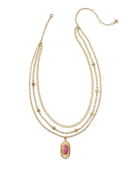 Keziah Vintage Gold Multi Strand Necklace in Raspberry Variegated Magnesite