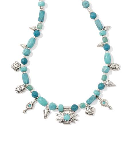 Shera Vintage Silver Beaded Charm Necklace in Teal Mix