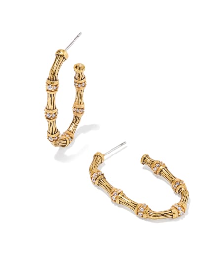 Maura Vintage Gold Bamboo Hoop Earrings in White CZ