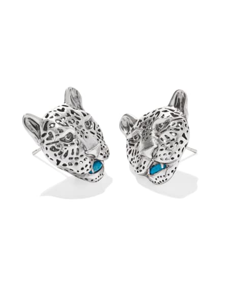 Maura Vintage Silver Jaguar Statement Stud Earrings in Variegated Indigo Magnesite