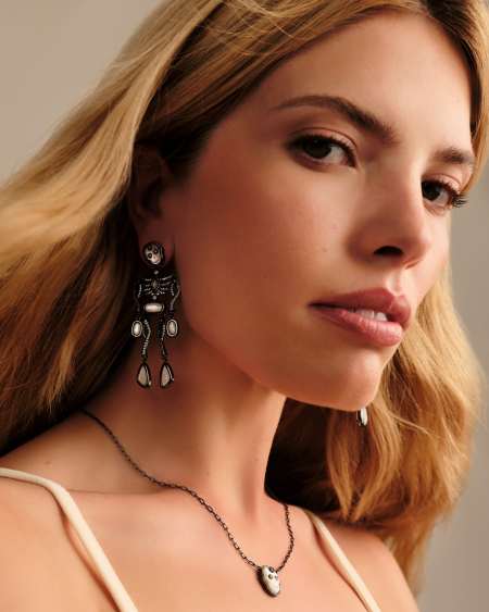 Skeleton Gunmetal Statement Earrings in Ivory Mother-of-Pearl