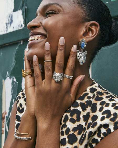 Maura Vintage Silver Jaguar Statement Earrings in Variegated Indigo Magnesite