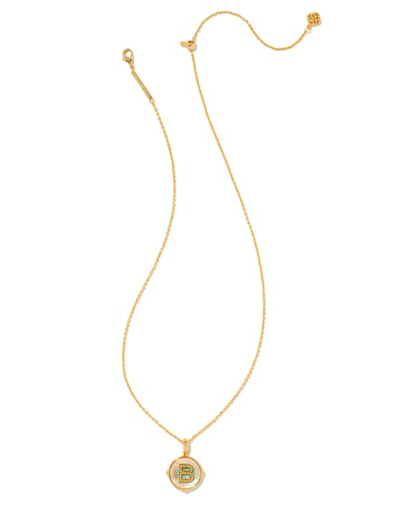 Letter B Gold Disc Reversible Pendant Necklace in Iridescent Abalone