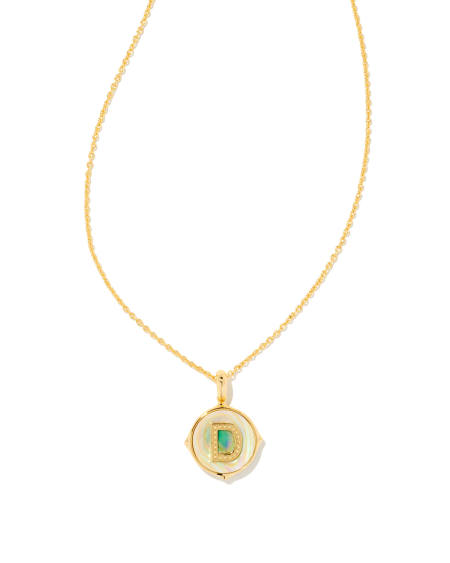 Letter D Gold Disc Reversible Pendant Necklace in Iridescent Abalone