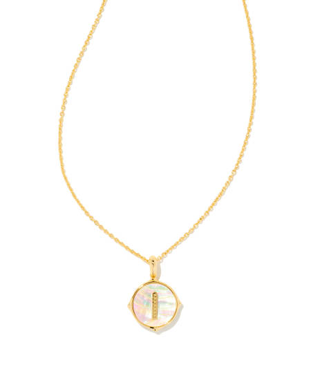 Letter I Gold Disc Reversible Pendant Necklace in Iridescent Abalone
