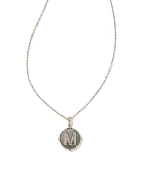 Letter M Silver Disc Reversible Pendant Necklace in Black Mother-of-Pearl