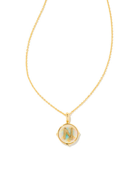 Letter N Gold Disc Reversible Pendant Necklace in Iridescent Abalone