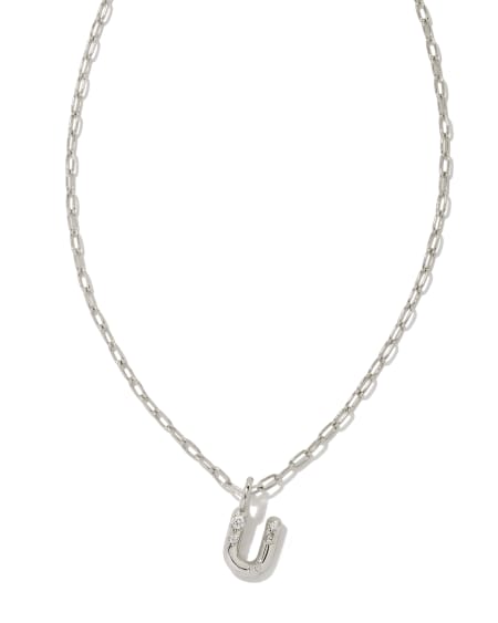 Crystal Letter U Silver Short Pendant Necklace in White Crystal