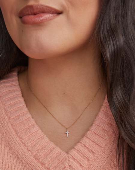 Cross 14k Yellow Gold Pendant Necklace in White Diamonds