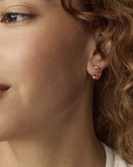 Cailin Gold Huggie Earrings in Red Crystal