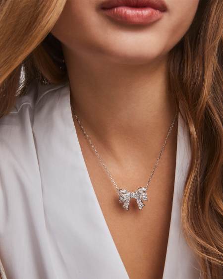 Krista Silver Bow Short Pendant Necklace in White Mix