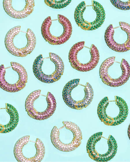 Mikki Gold Pave Hoop Earrings in Cranberry Crystal