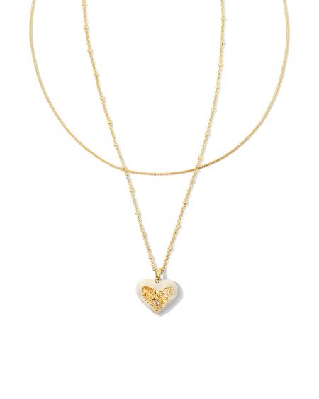 Penny Gold Heart Multi Strand Necklace in Ivory Mother-of-Pearl
