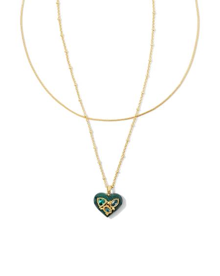 Penny Gold Heart Multi Strand Necklace in Green Mix