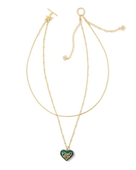 Penny Gold Heart Multi Strand Necklace in Green Mix