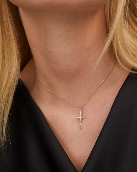Large Cross 14k Yellow Gold Pendant Necklace in White Diamond