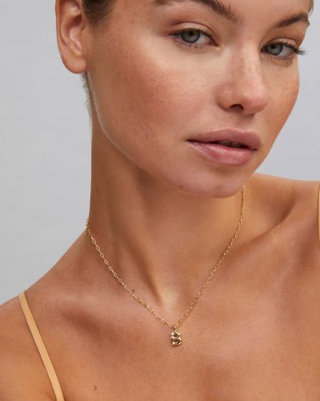 Crystal Letter B Gold Short Pendant Necklace in White Crystal