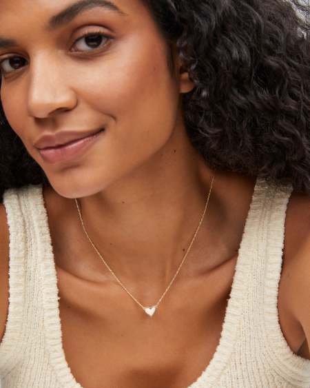 Framed Ari Heart Gold Short Pendant Necklace in White Opalescent Resin