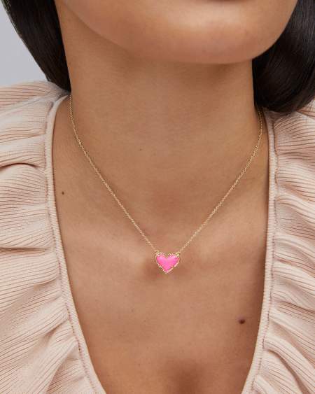 Ari Heart Gold Pendant Necklace in Neon Pink Magnesite