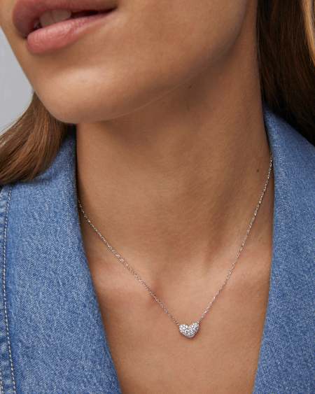 Ari Silver Pave Crystal Heart Necklace in White Crystal