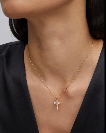 Cross Gold Pendant Necklace in White Crystal
