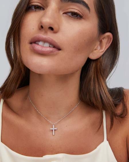 Cross Silver Pendant Necklace in White Crystal