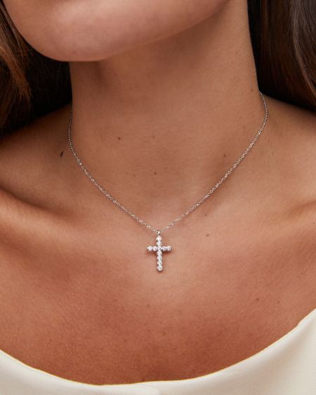 Cross Silver Pendant Necklace in White Crystal