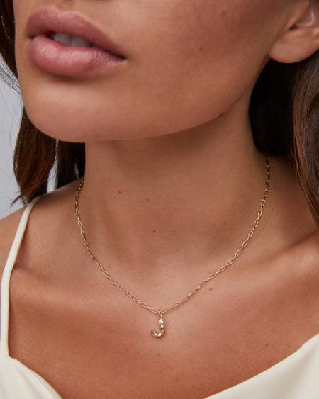 Crystal Letter J Gold Short Pendant Necklace in White Crystal