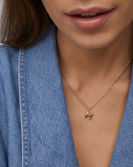 Crystal Letter M Gold Short Pendant Necklace in White Crystal