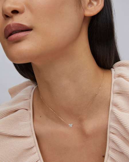 Butterfly 14k Yellow Gold Pendant Necklace in White Diamond