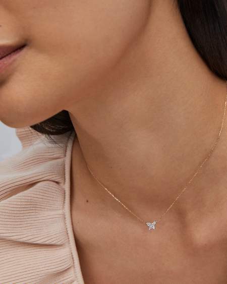 Butterfly 14k Yellow Gold Pendant Necklace in White Diamond