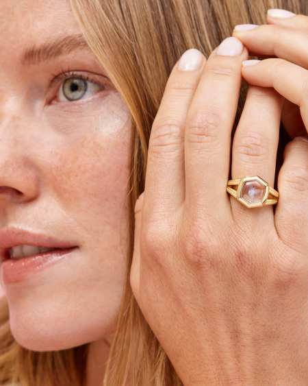 Davie Intaglio Gold Statement Ring in Light Sky Blue Glass Hummingbird