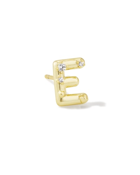 Crystal Letter E Gold Single Stud Earring in White Crystal