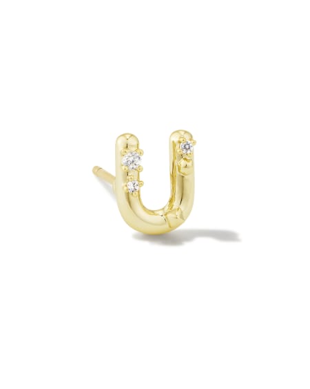 Crystal Letter U Gold Single Stud Earring in White Crystal