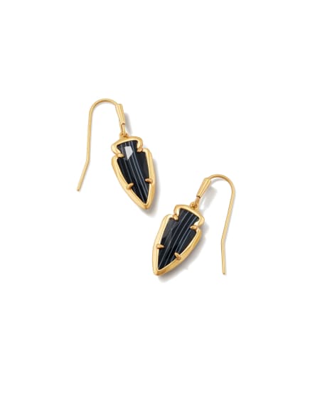 Skylar Vintage Gold Small Drop Earrings in Black Banded Agate