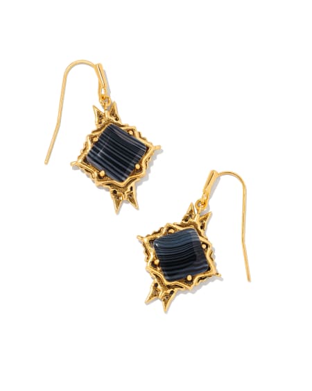 Cass Vintage Gold Drop Earrings in Black Banded Agate