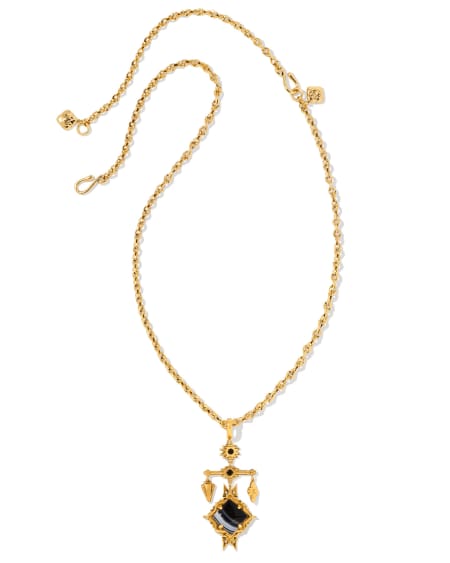 Cass Vintage Gold Large Long Pendant Necklace in Black Banded Agate