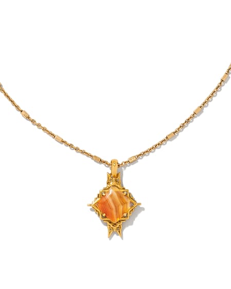 Cass Vintage Gold Long Pendant Necklace in Orange Banded Agate