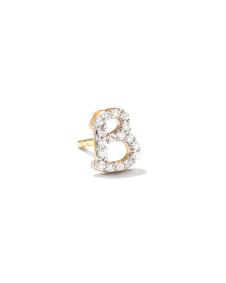 Letter B 14k Yellow Gold Single Stud Earring in White Diamond